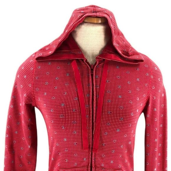 e Womens Sweater Small Red Full Zip Hoodie Hearts Print Drawstring Neck Pockets - Picture 2 of 12